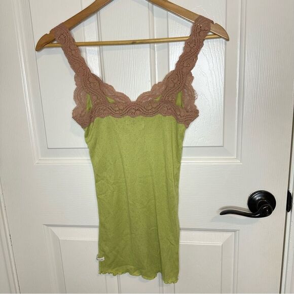 Y2K VTG Abercrombie & Fitch Lime Green Rose Pink Lace Ribbed Cami Top Sz L Fairy - Picture 3 of 10